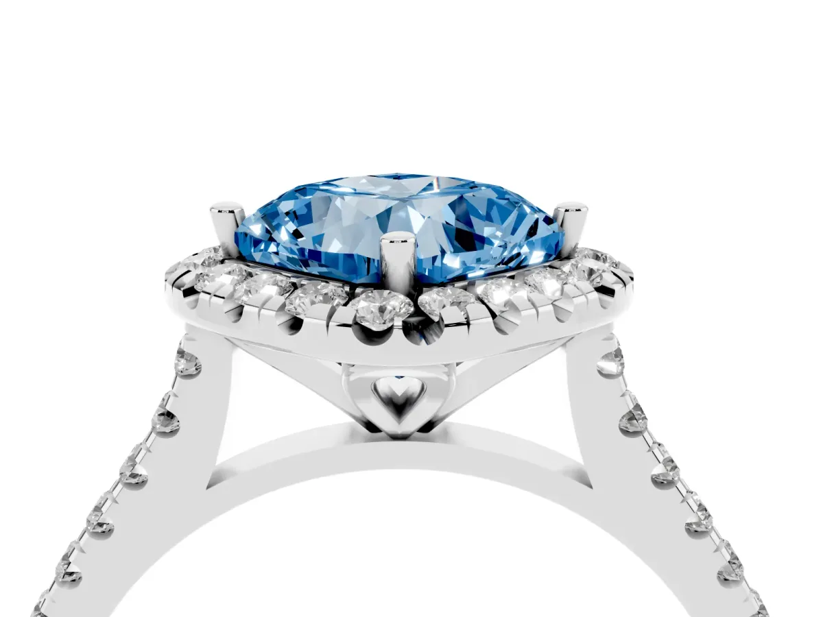 Fancy Blue Cushion Cut Diamond Cushion Halo Ring with Pavé Band Platinum