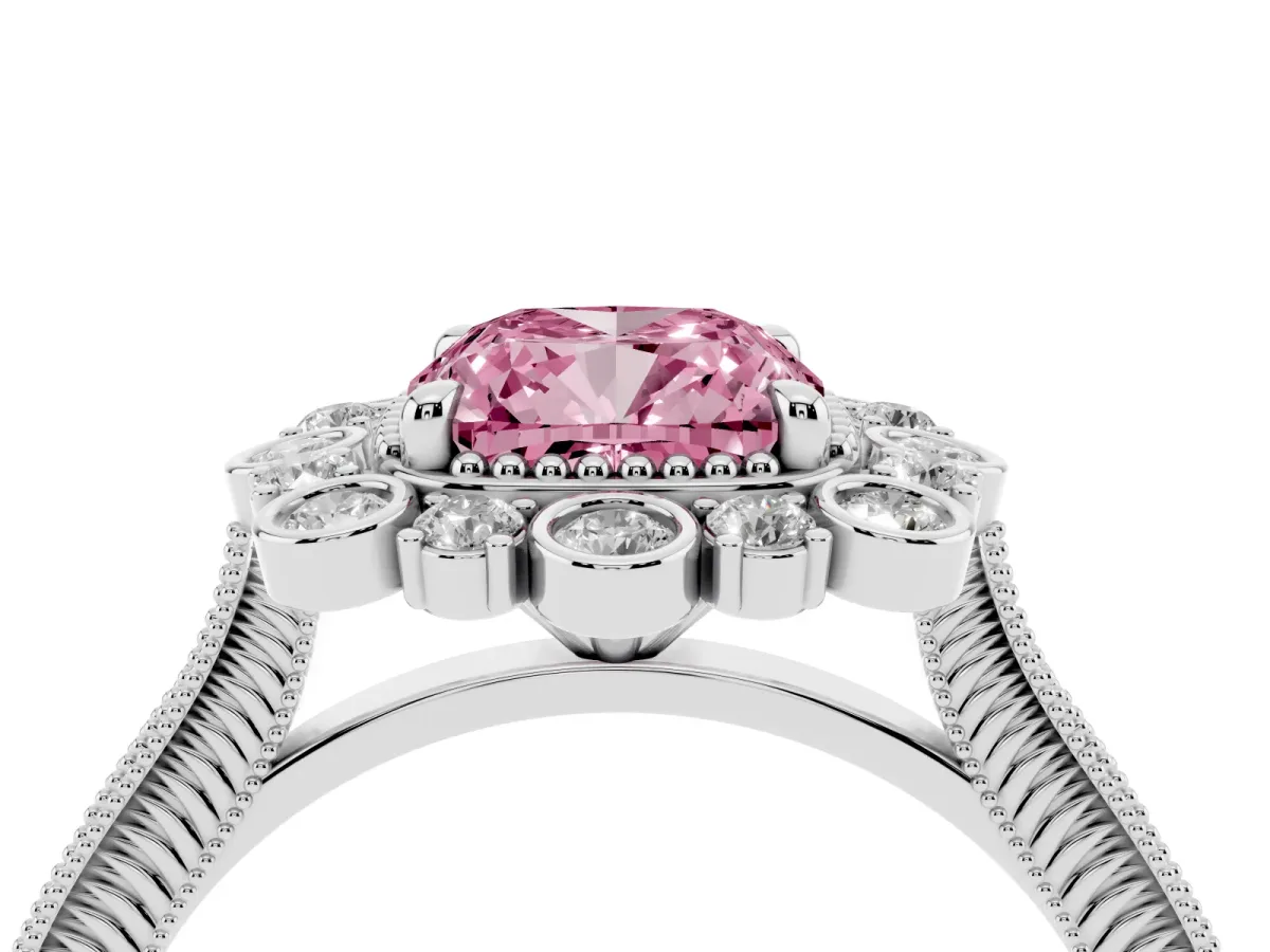 Fancy Pink Cushion Cut Halo Milgrain Pave Diamond Ring with Four-Prong Setting Silver