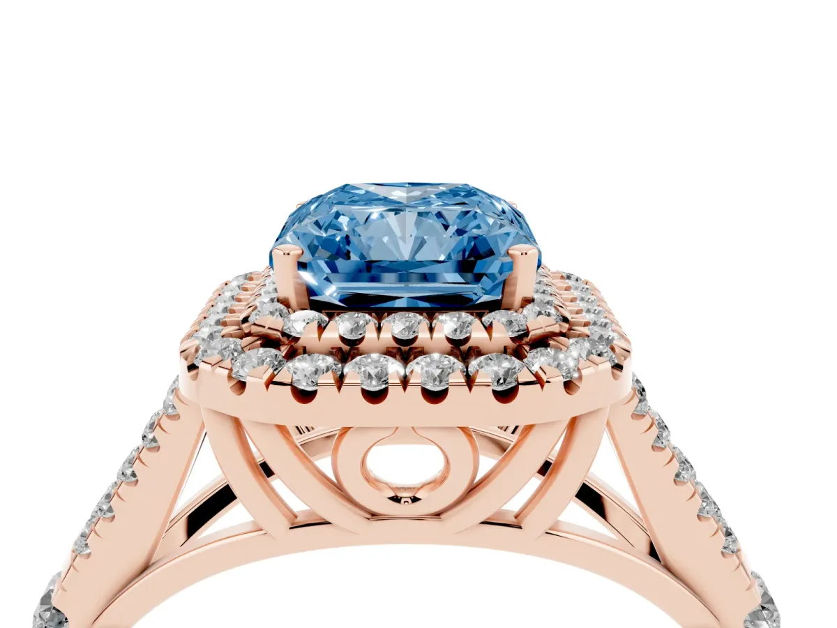Fancy Blue Radiant Cut Cut Double Halo Split Shank Diamond Ring with Prong Setting Rose gold