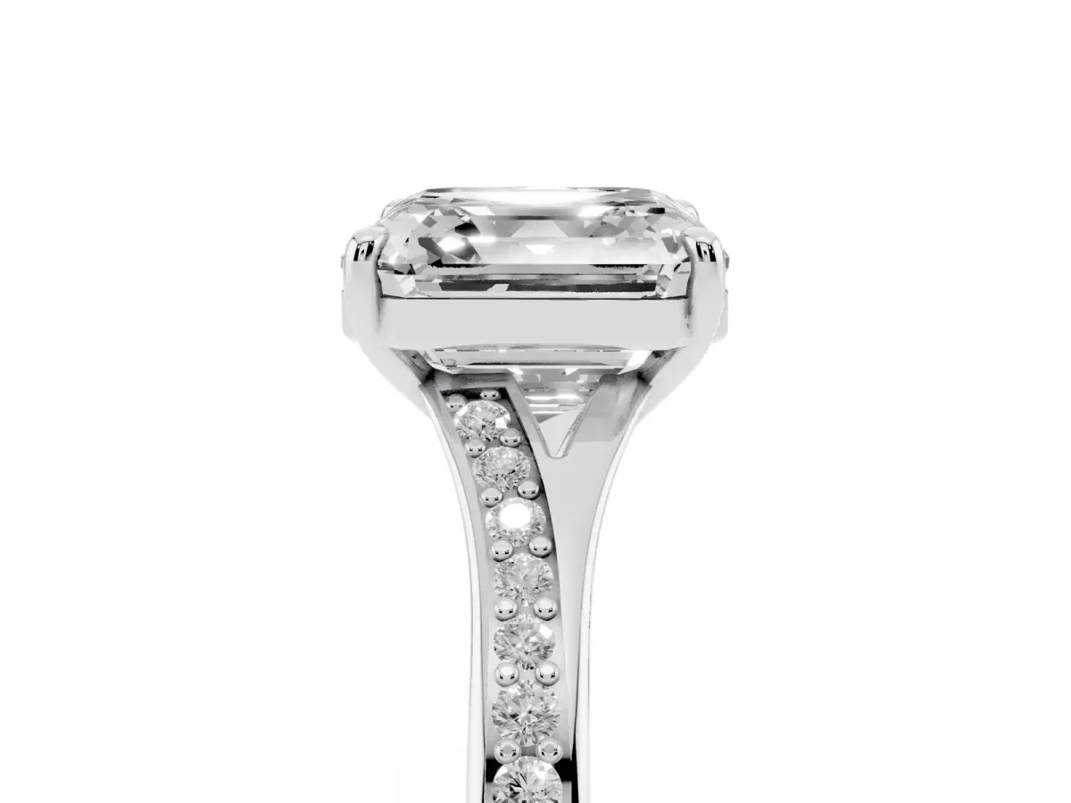 Asscher Cut Diamond Solitaire Ring with Pavé Band and Prong Setting Silver