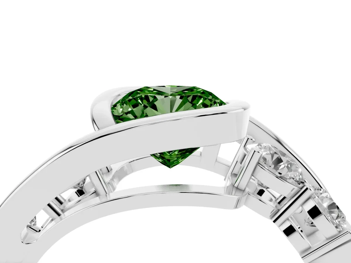 Fancy Green Bezel Set Cushion Cut Diamond Bypass Ring with Round Accents Platinum