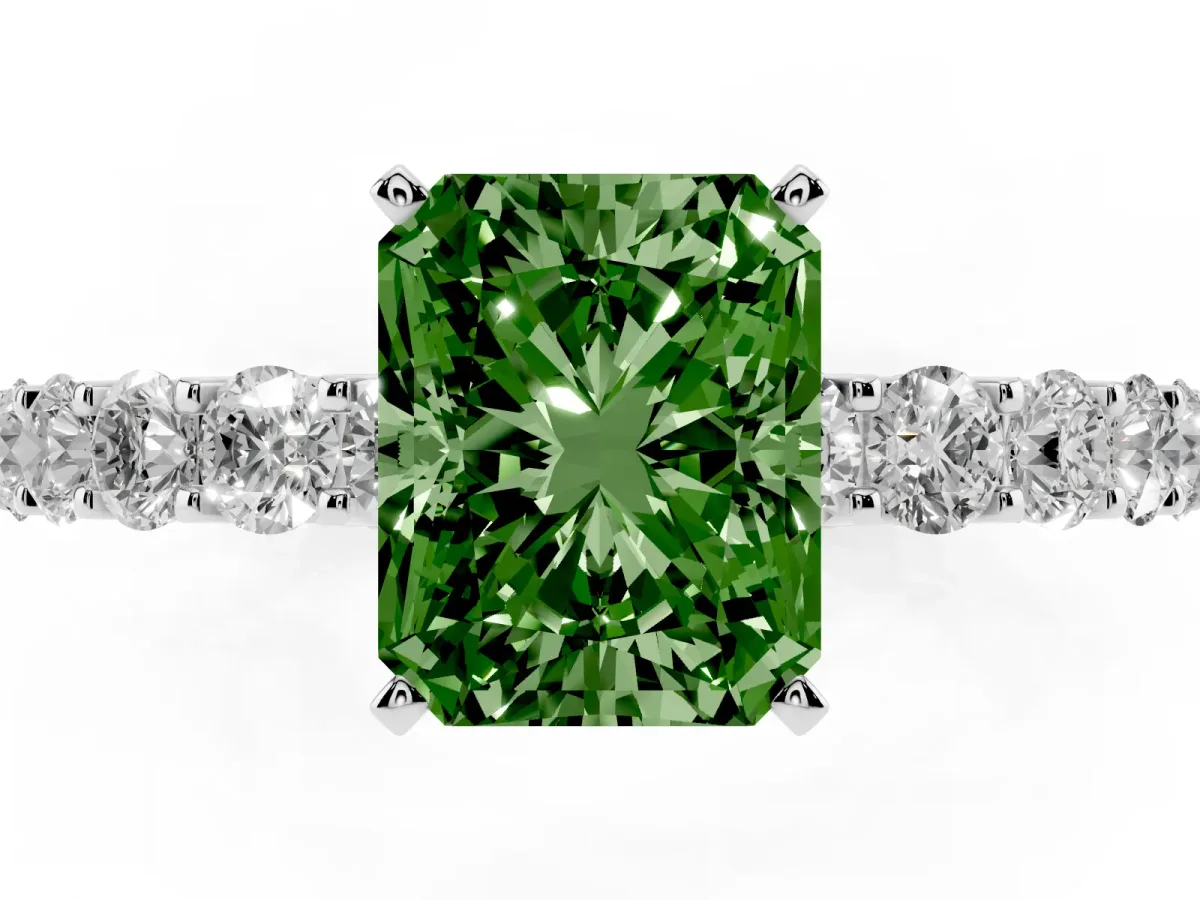 Fancy Green Radiant Cut Diamond Solitaire Ring with Shared Prong Pavé Band and Four-Prong Setting Silver