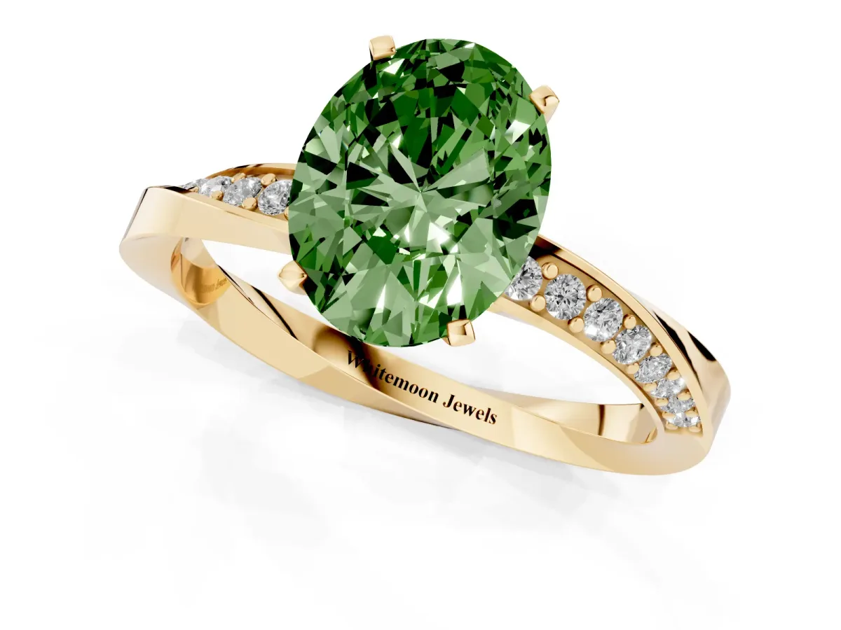 Fancy Green Oval Cut Diamond Engagement Ring with Side Stone Accents and Four-Prong Setting Yellow gold
