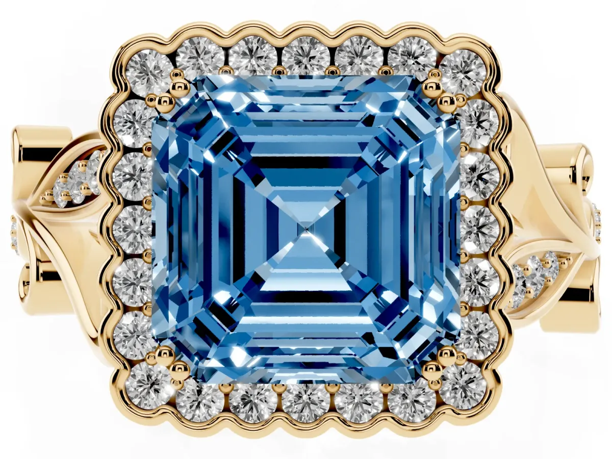 Fancy Blue Asscher Cut Diamond Halo Ring with Vintage Split Shank and Four-Prong Setting Yellow gold
