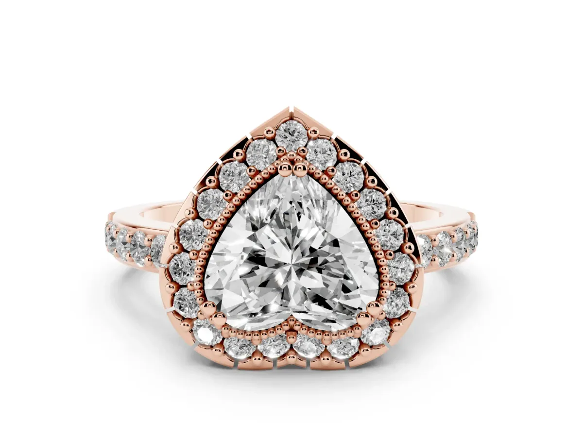 Heart Cut Diamond Halo Ring with Pavé Band and Prong Setting Rose gold