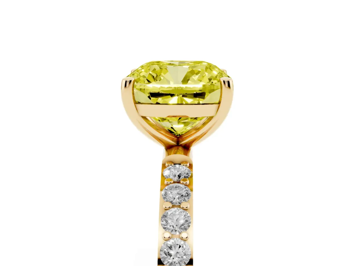 Fancy Yellow Cushion Cut Diamond Solitaire Ring with Round Pavé Shoulders and Prong Setting Yellow gold