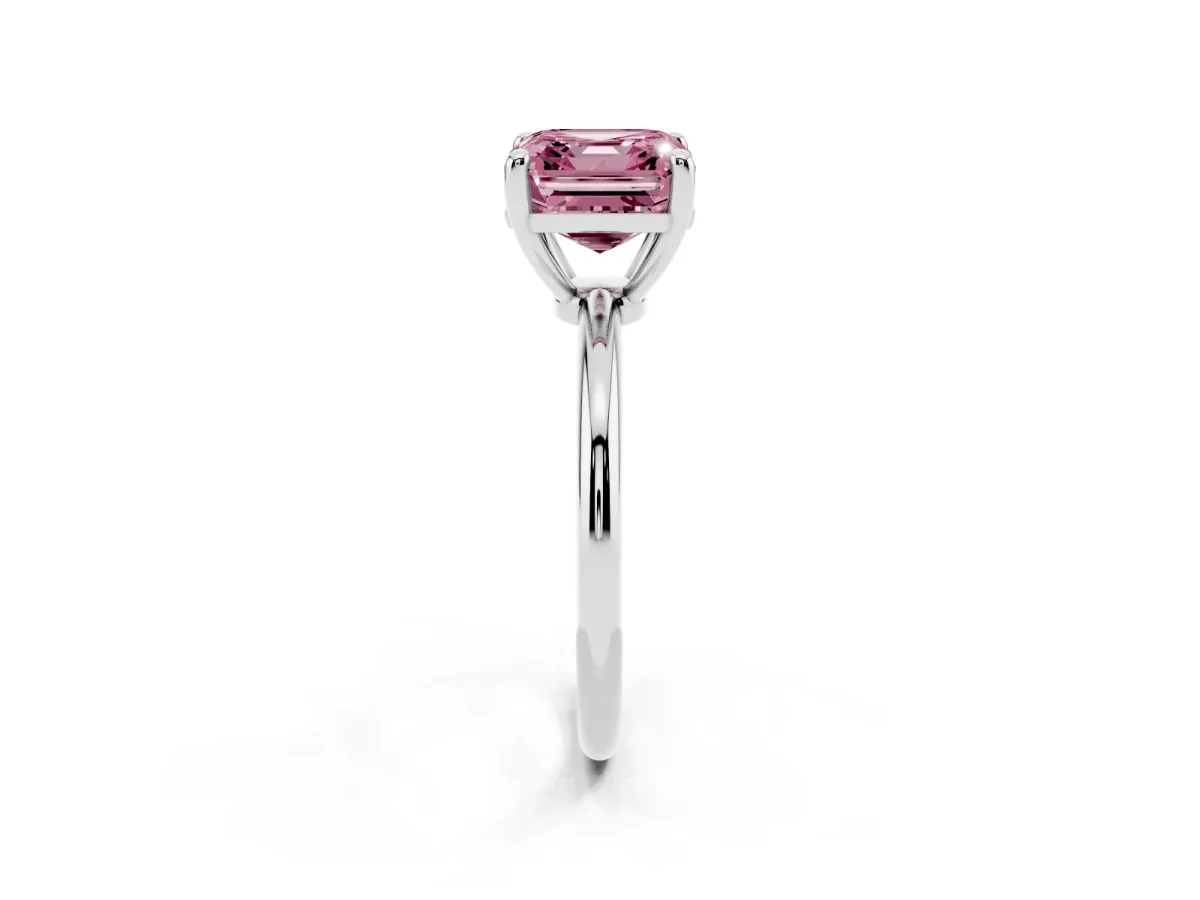 Fancy Pink Asscher Cut Solitaire Diamond Ring with 4-Prong Setting on a Classic Band Silver