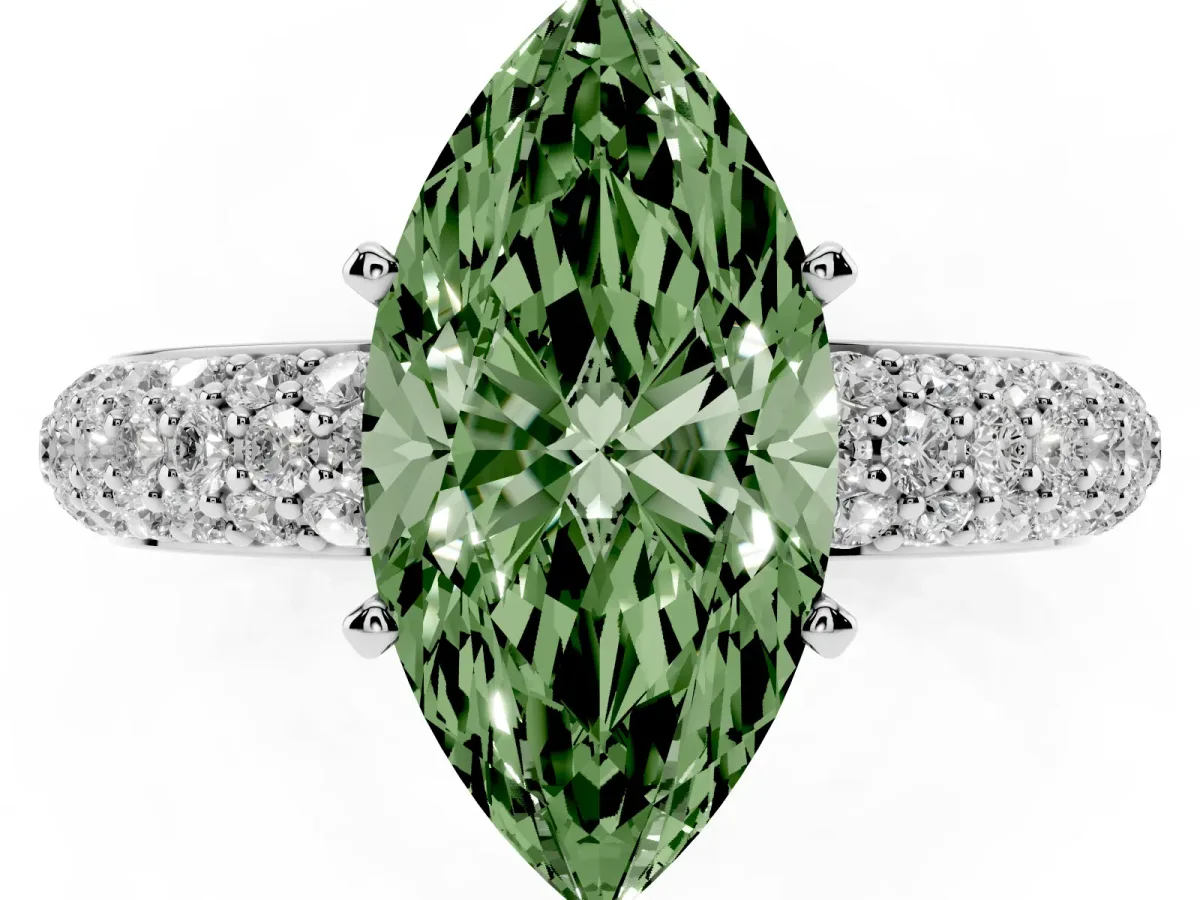 Fancy Green Marquise Cut Diamond Solitaire Ring with Prong Setting and Pavé Band Silver