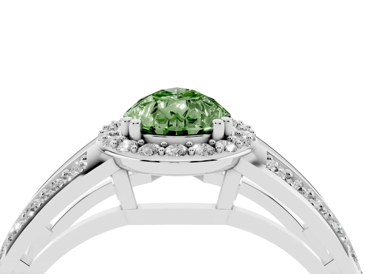 Fancy Green Pear Cut Diamond Halo Ring with Split Shank Pavé Band and Four-Prong Setting Platinum