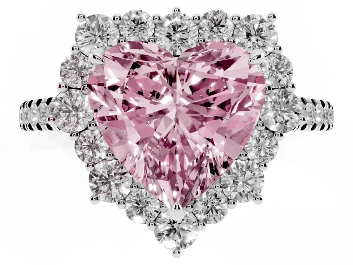 Fancy Pink Heart Cut Halo Diamond Ring with Pavé Band and Prong Setting Silver