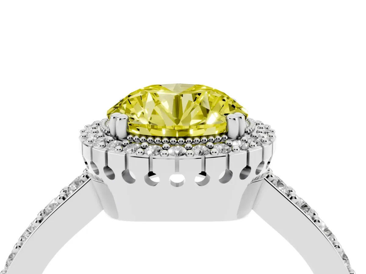 Fancy Yellow Round Cut Cut Diamond Halo Engagement Ring with Milgrain Detail and Pavé Band Platinum
