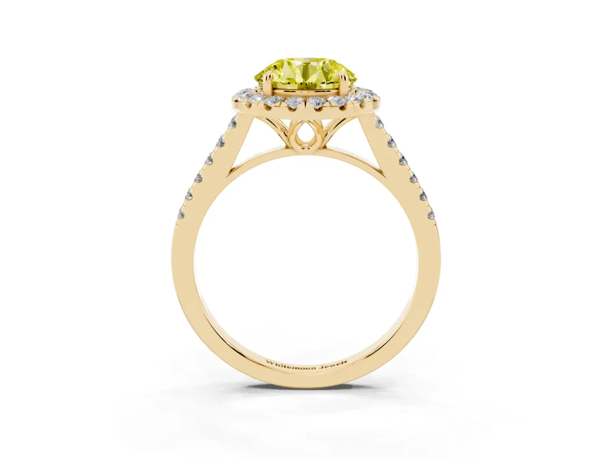 Fancy Yellow Round Cut Halo Pavé Diamond Engagement Ring with Four-Prong Setting Yellow gold