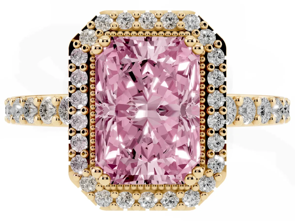 Fancy Pink Radiant Cut Cut Diamond Halo Engagement Ring with Milgrain Detail and Pavé Band Yellow gold