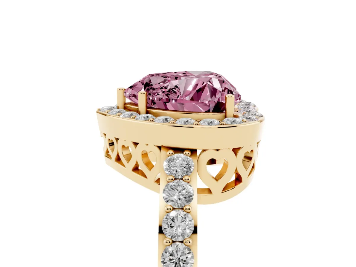 Fancy Pink Heart Cut Halo Diamond Pavé Band Ring with Prong Setting Yellow gold