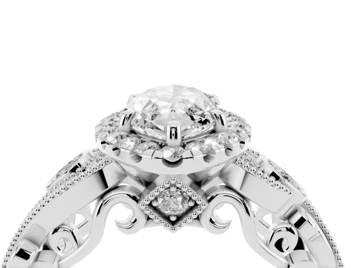 Marquise Cut Diamond Halo Ring with Milgrain Pavé Band and Four-Prong Setting White gold