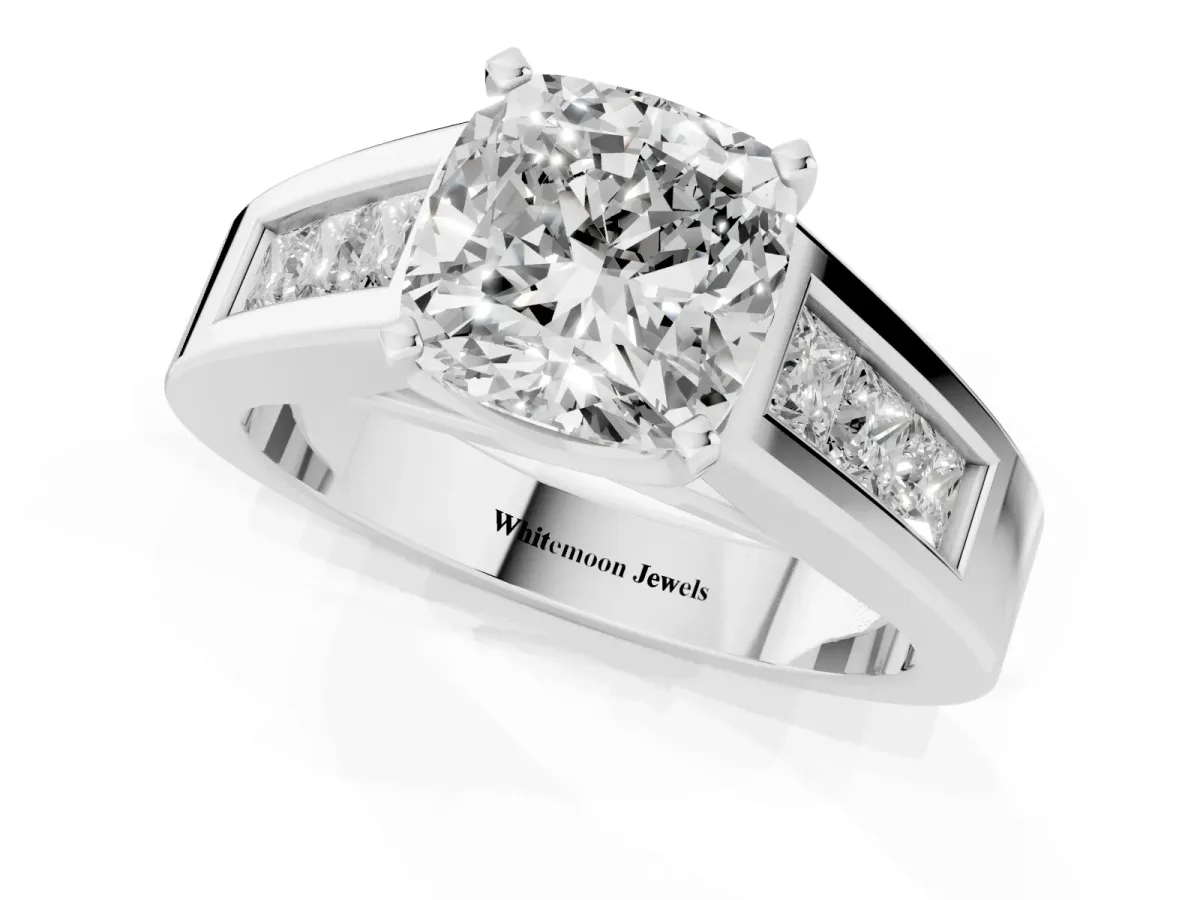 Cushion Cut Cut Channel Set Solitaire Ring with Four-Prong Setting Platinum