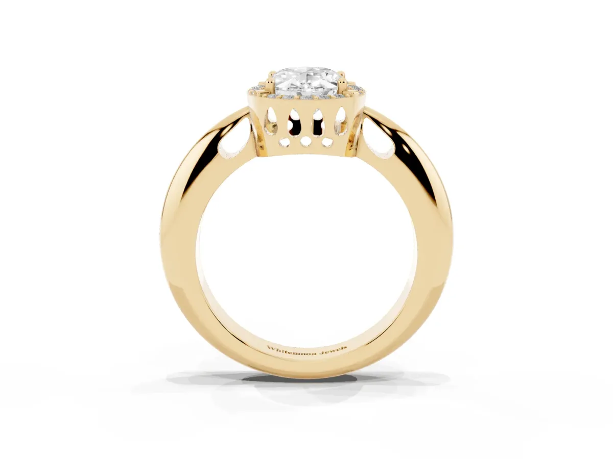 Oval Cut Cut Diamond Halo Engagement Ring with Split Shank and Four-Prong Setting Yellow gold