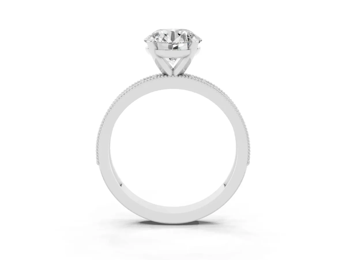 Round Cut Diamond Milgrain Pavé Engagement Ring with Four-Prong Setting Silver