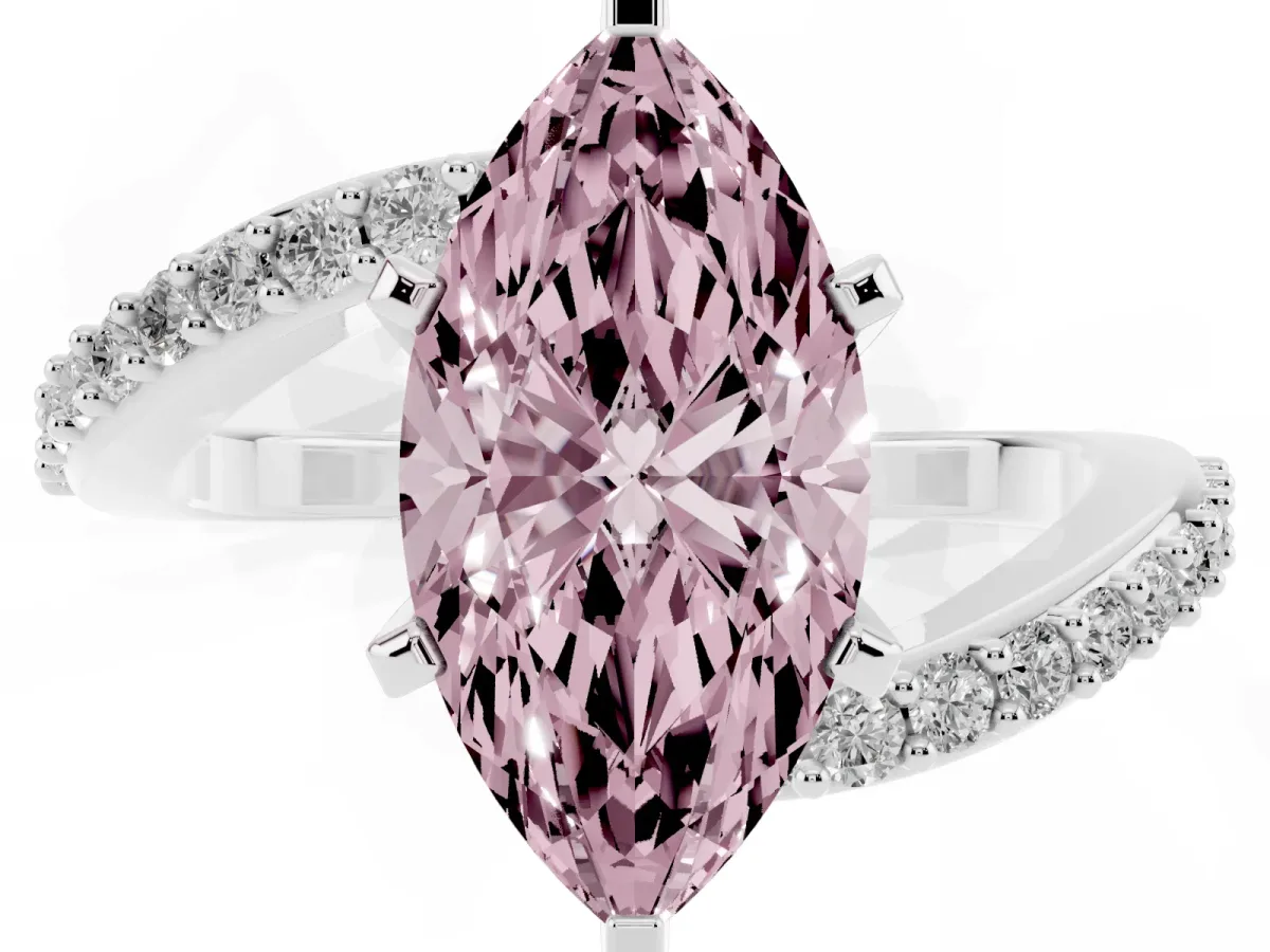 Fancy Pink Marquise Cut Solitaire Twist Band with Pave Set Diamonds and Four-Prong Setting Platinum