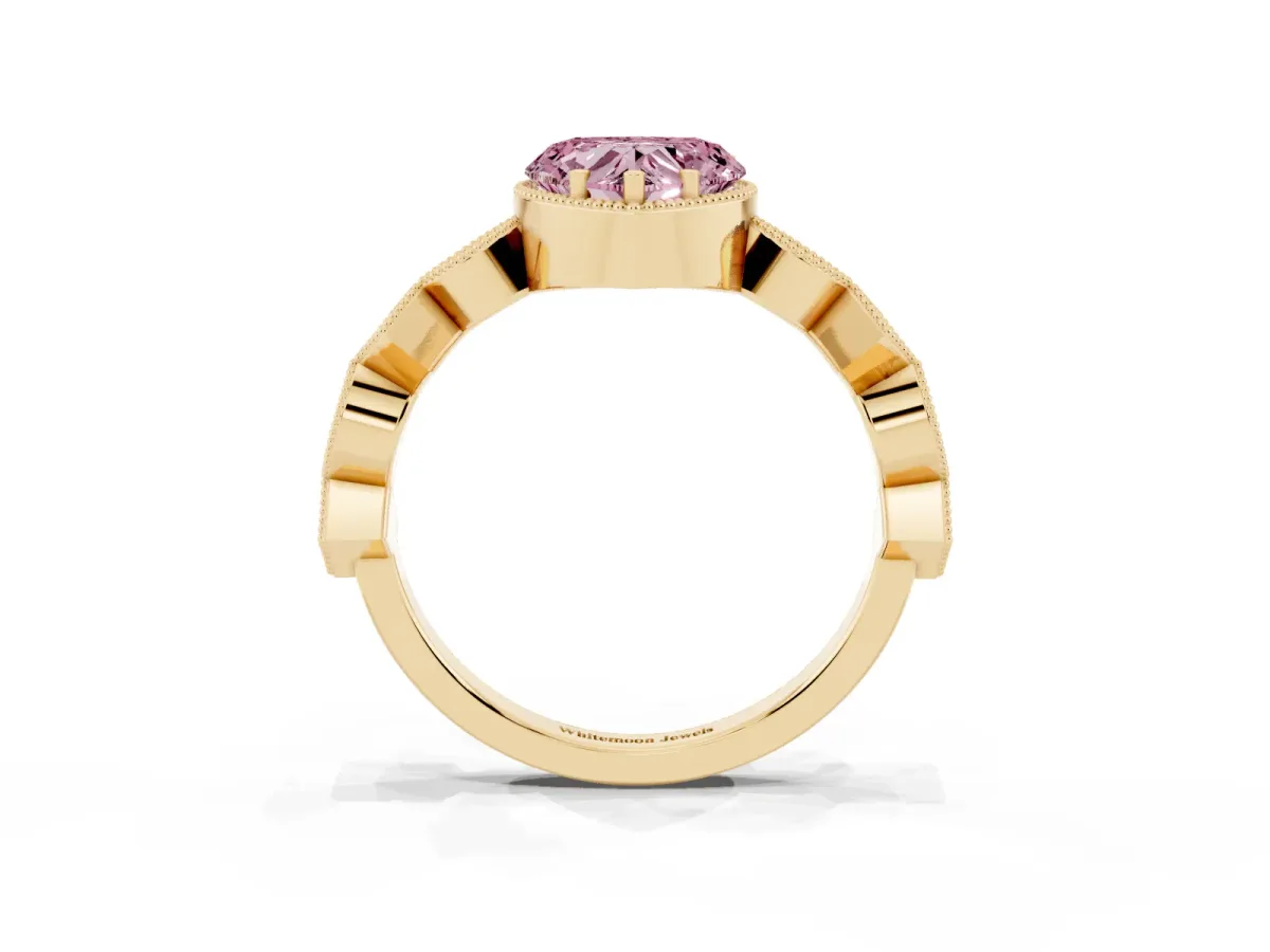 Fancy Pink Heart Cut Milgrain Marquise Diamond Twist Band Ring Yellow gold