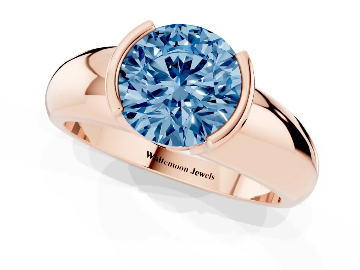 Fancy Blue Round Cut Solitaire Tension Set Diamond Ring with Wide Band Rose gold