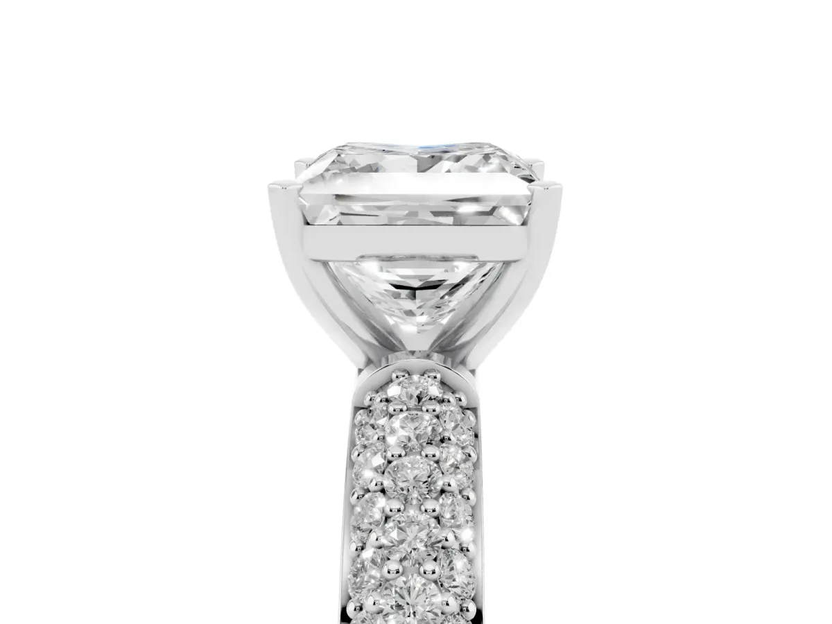 Princess Cut Diamond Solitaire Ring with Prong Setting and Pavé Band Silver