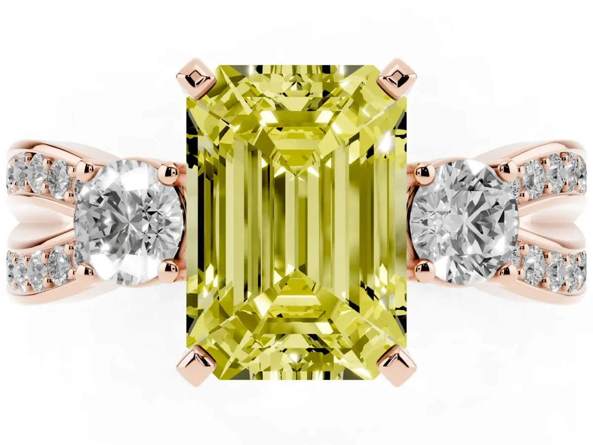 Fancy Yellow Three-Stone Emerald Cut Cut Diamond Twist Band with Prong Setting Rose gold