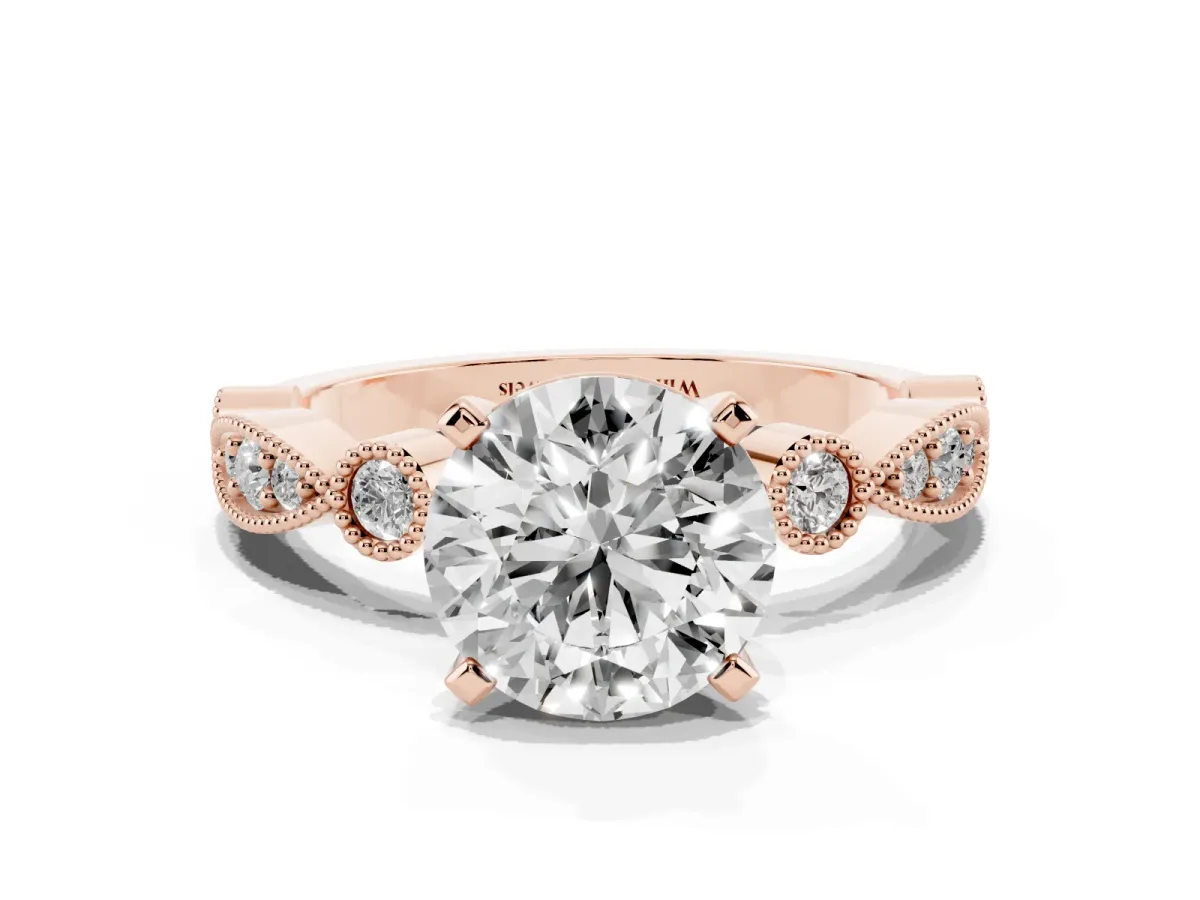 Round Cut Milgrain Bezel Diamond Engagement Ring with Solitaire Prong Setting Rose gold