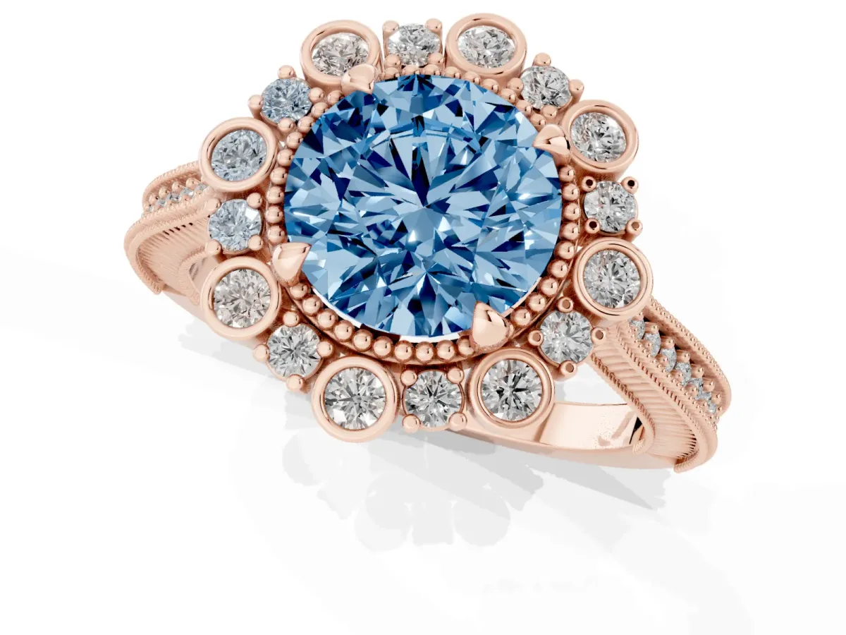 Fancy Blue Round Cut Halo Milgrain Pave Diamond Ring with Four-Prong Setting Rose gold