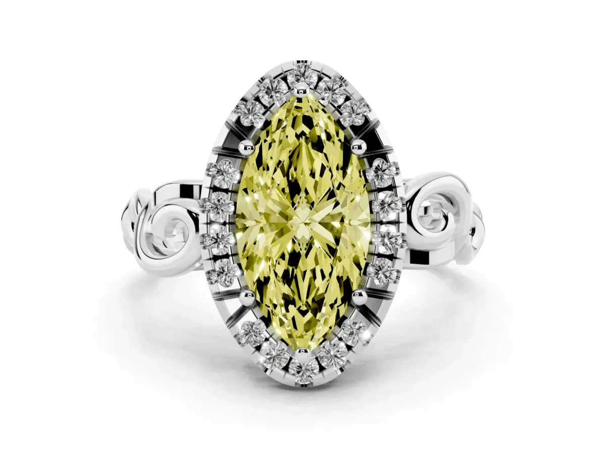 Fancy Yellow Marquise Cut Cut Halo Diamond Ring with Scrollwork Band and Four-Prong Setting Silver