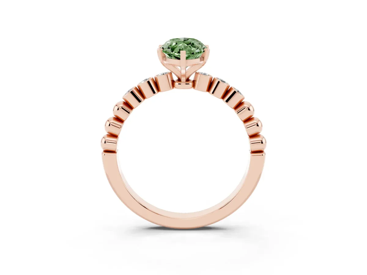 Fancy Green Marquise Cut Solitaire Bezel Accent Diamond Engagement Ring with Beaded Band and Four-Prong Setting Rose gold