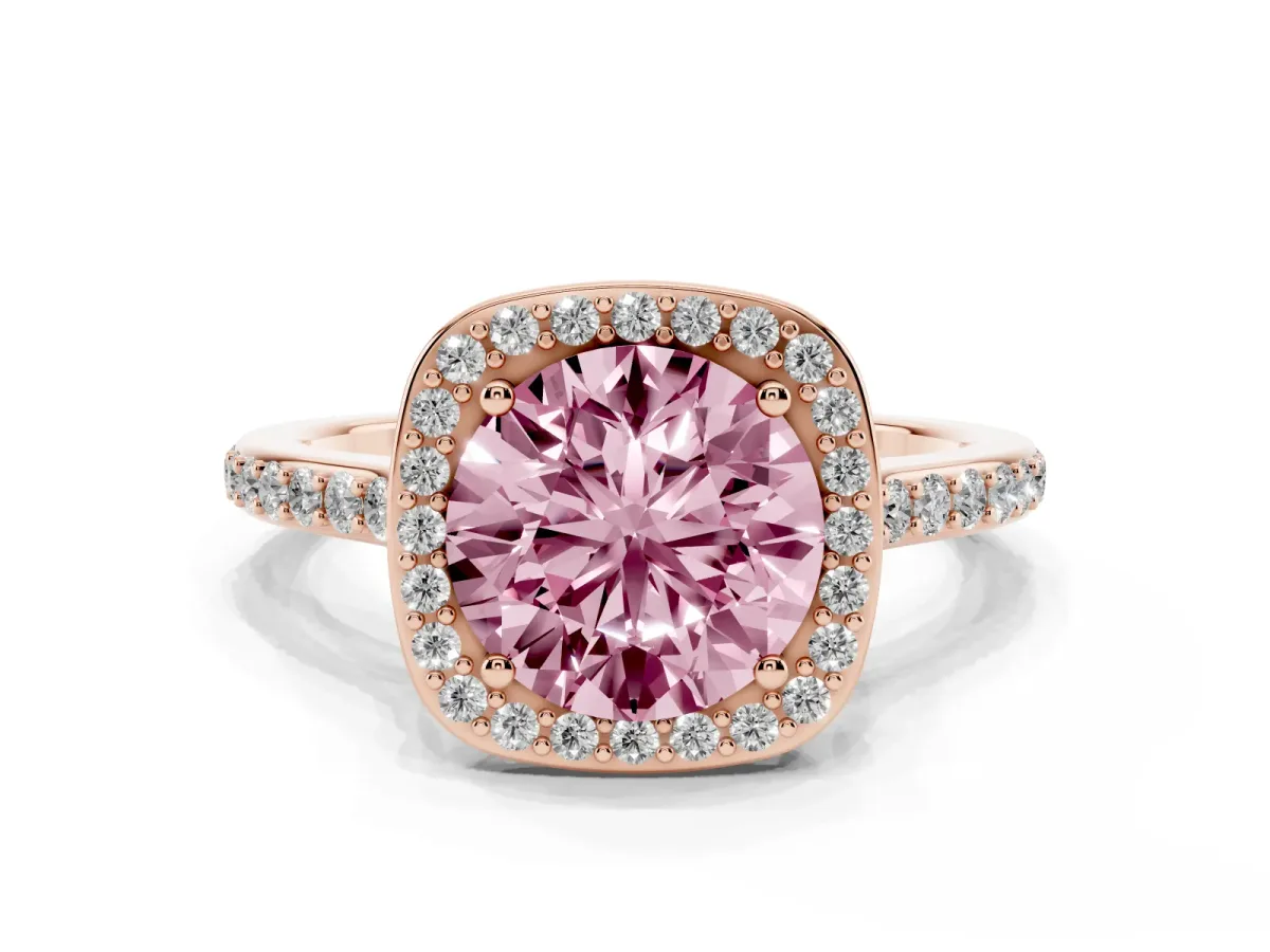 Fancy Pink Round Cut Diamond Halo Engagement Ring with Round Pavé Shoulders and Prong Setting Rose gold
