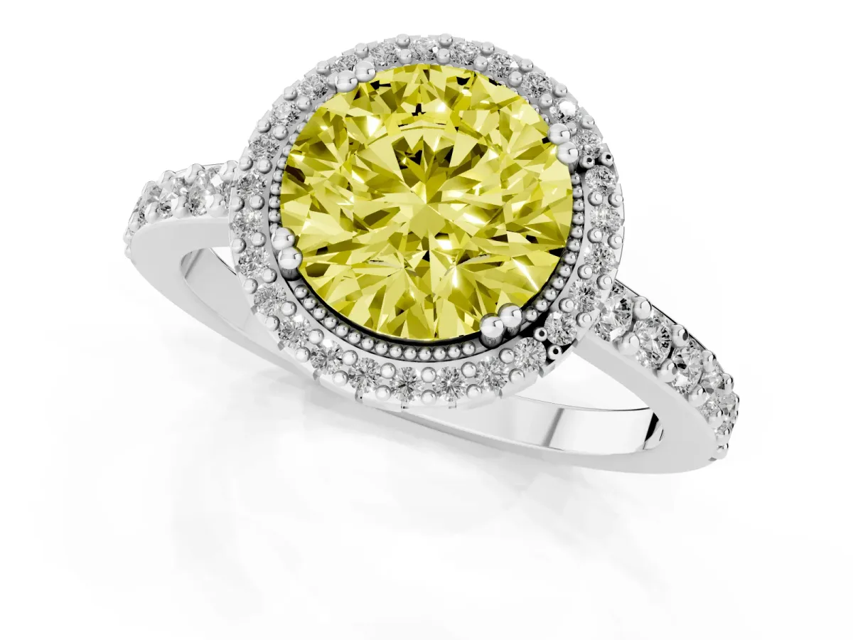 Fancy Yellow Round Cut Cut Diamond Halo Engagement Ring with Milgrain Detail and Pavé Band Platinum