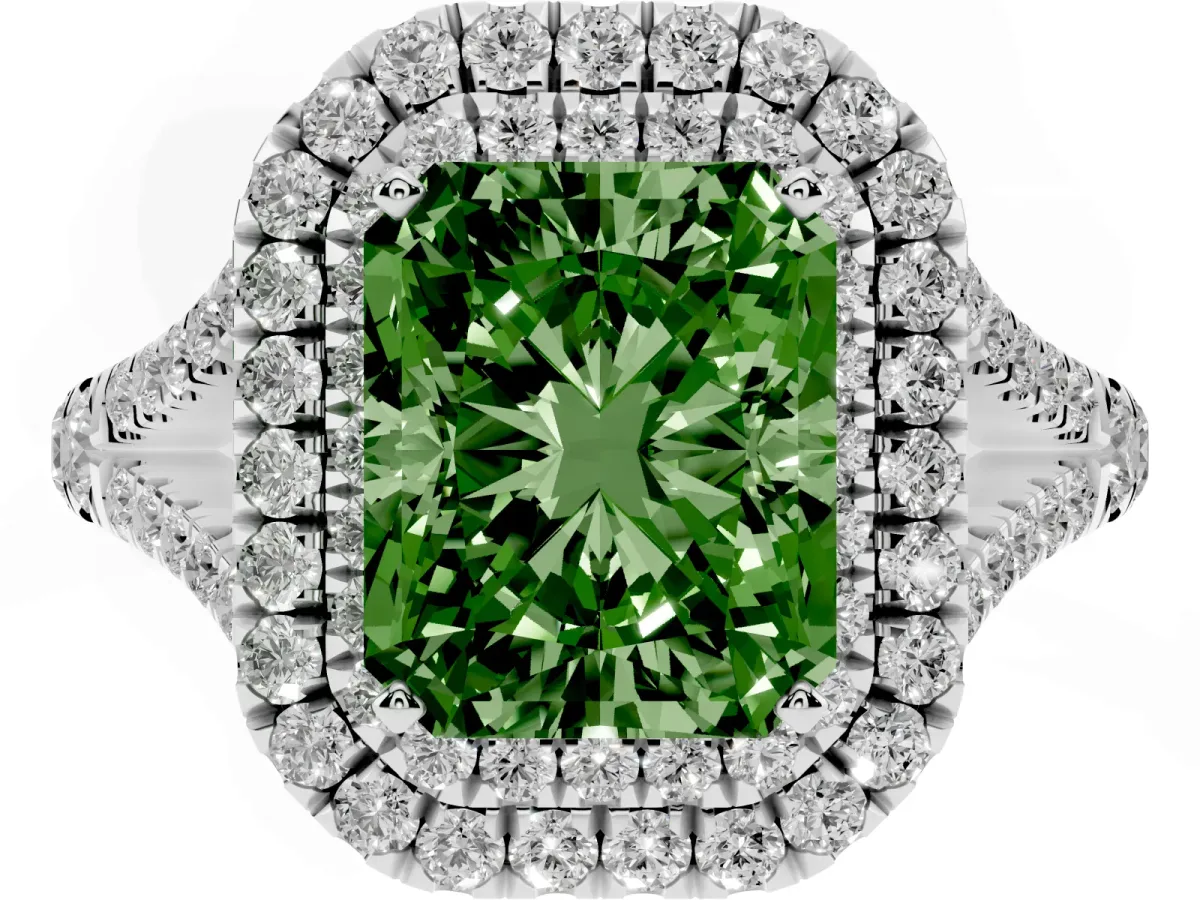 Fancy Green Radiant Cut Cut Double Halo Split Shank Diamond Ring with Prong Setting White gold