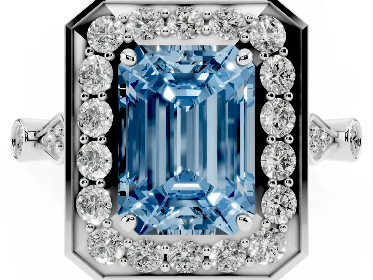 Fancy Blue Emerald Cut Halo Diamond Engagement Ring with Twisted Band and Four-Prong Setting Silver