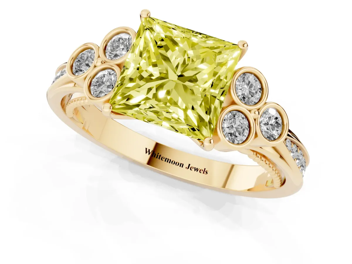 Fancy Yellow Princess Cut Cut Diamond Engagement Ring with Bezel Set Round Side Stones and Prong Setting Yellow gold