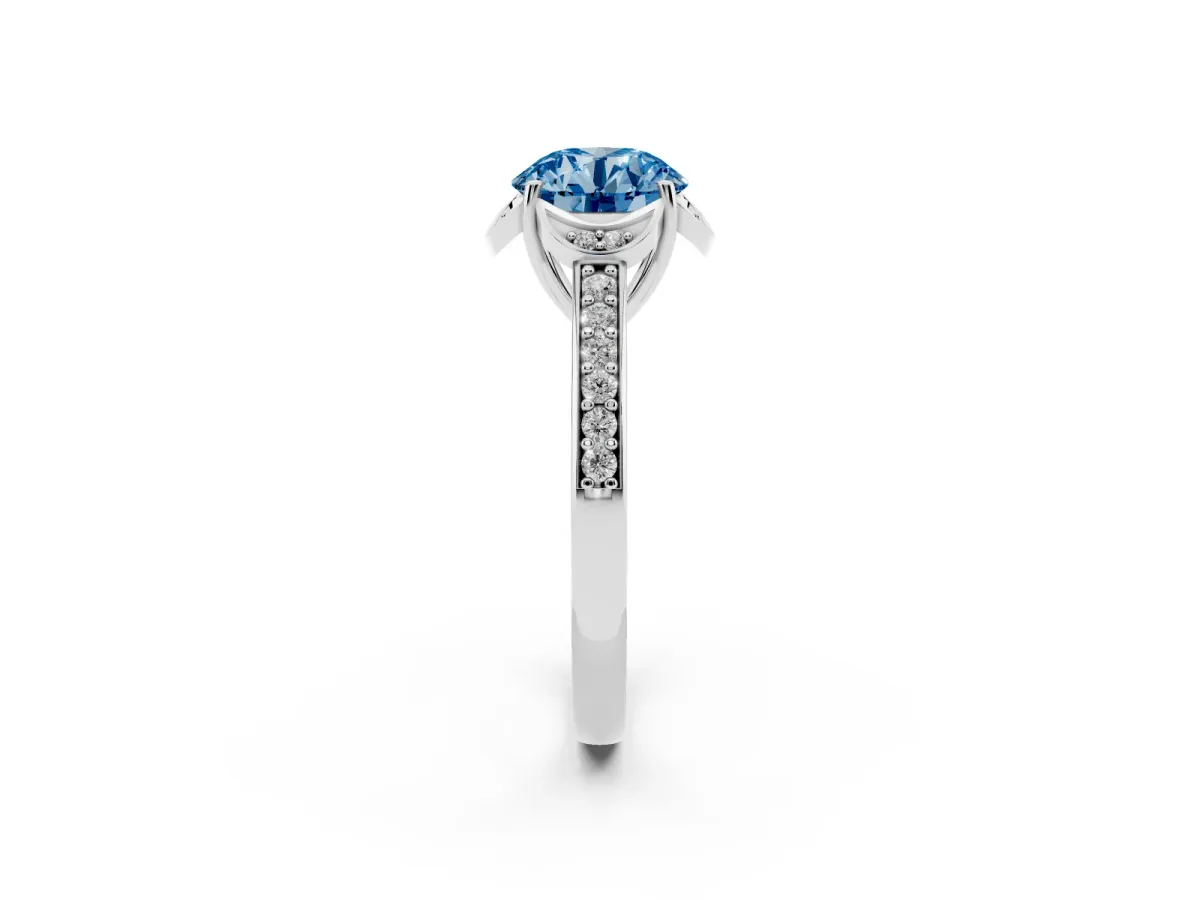 Fancy Blue Round Cut Cut Halo Diamond Ring with Channel Set Band and Four-Prong Setting Silver