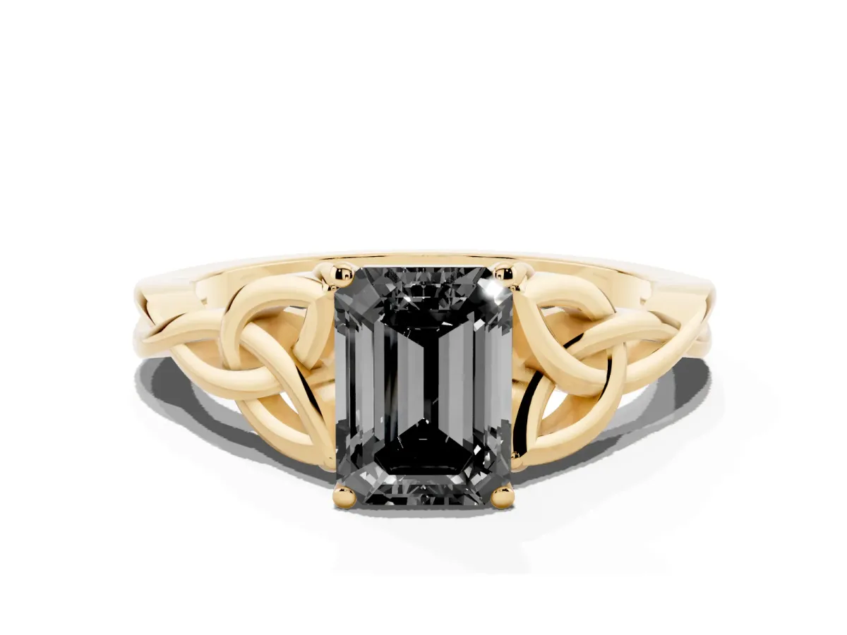 Fancy Black Emerald Cut Diamond Solitaire Engagement Ring with Celtic Knot Band and Four-Prong Setting Yellow gold