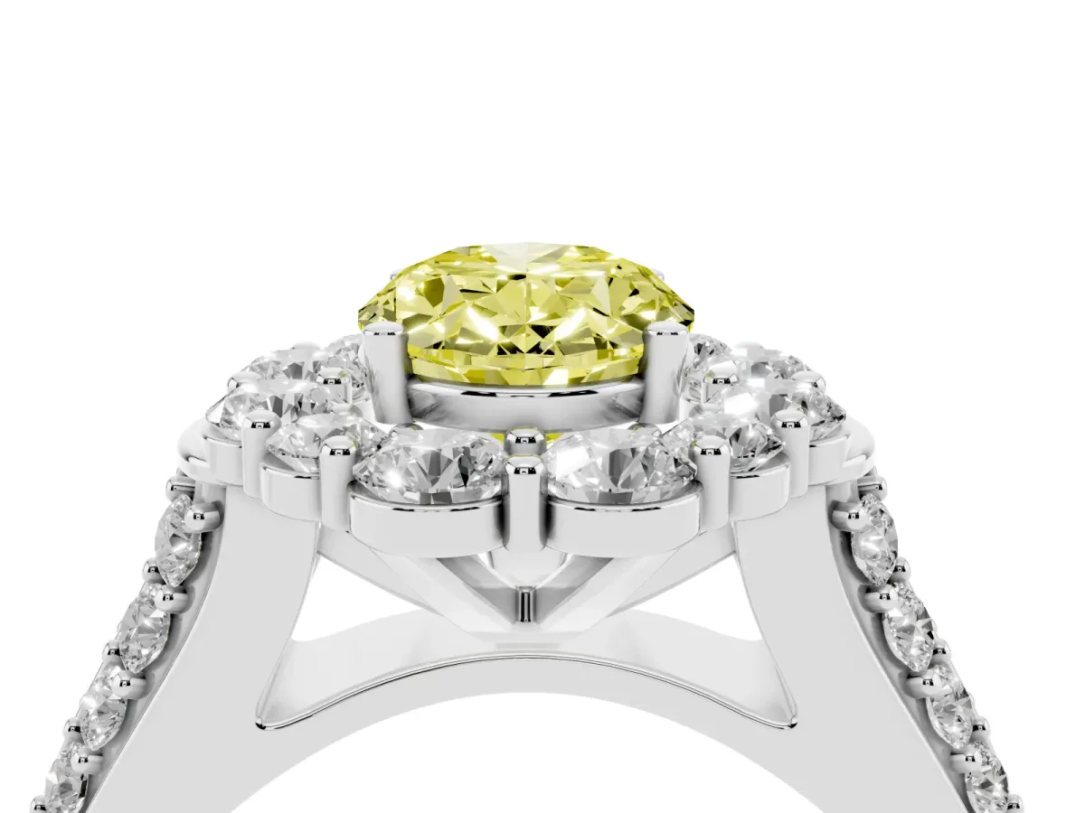 Fancy Yellow Oval Cut Halo Diamond Engagement Ring with Split Shank and Prong Setting Silver