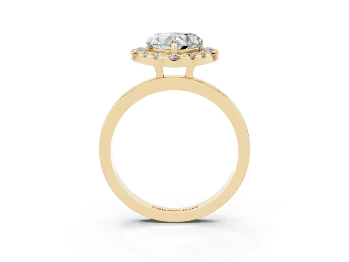 Heart Cut Halo Diamond Solitaire with Pavé Band and Four-Prong Setting Yellow gold