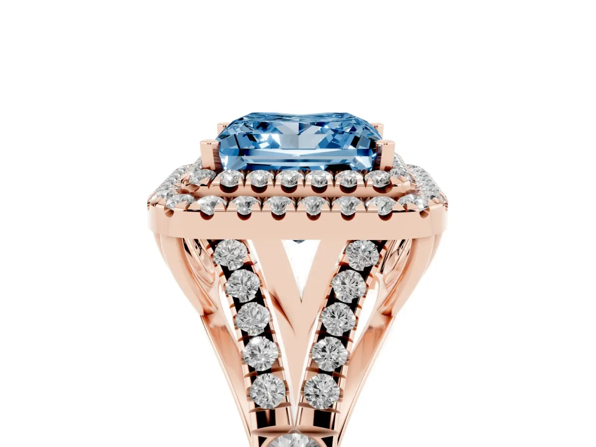 Fancy Blue Princess Cut Diamond Double Halo Ring with Split Shank and Prong Setting Rose gold