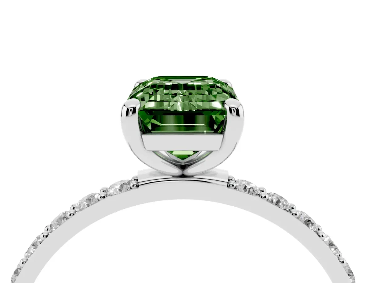 Fancy Green Emerald Cut Diamond Solitaire Ring with Round Pavé Band and Prong Setting Silver