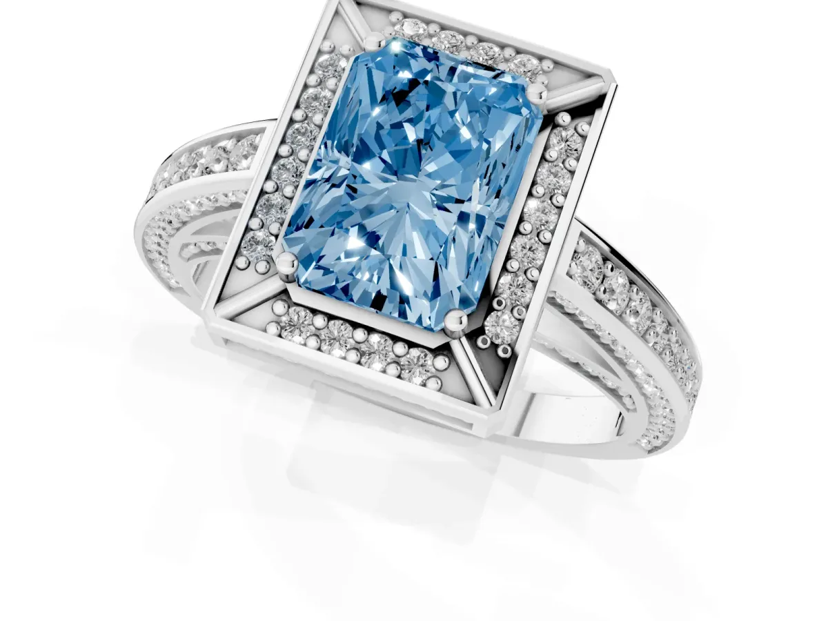 Fancy Blue Radiant Cut Cut Halo Pave Split Shank Prong Setting Ring White gold