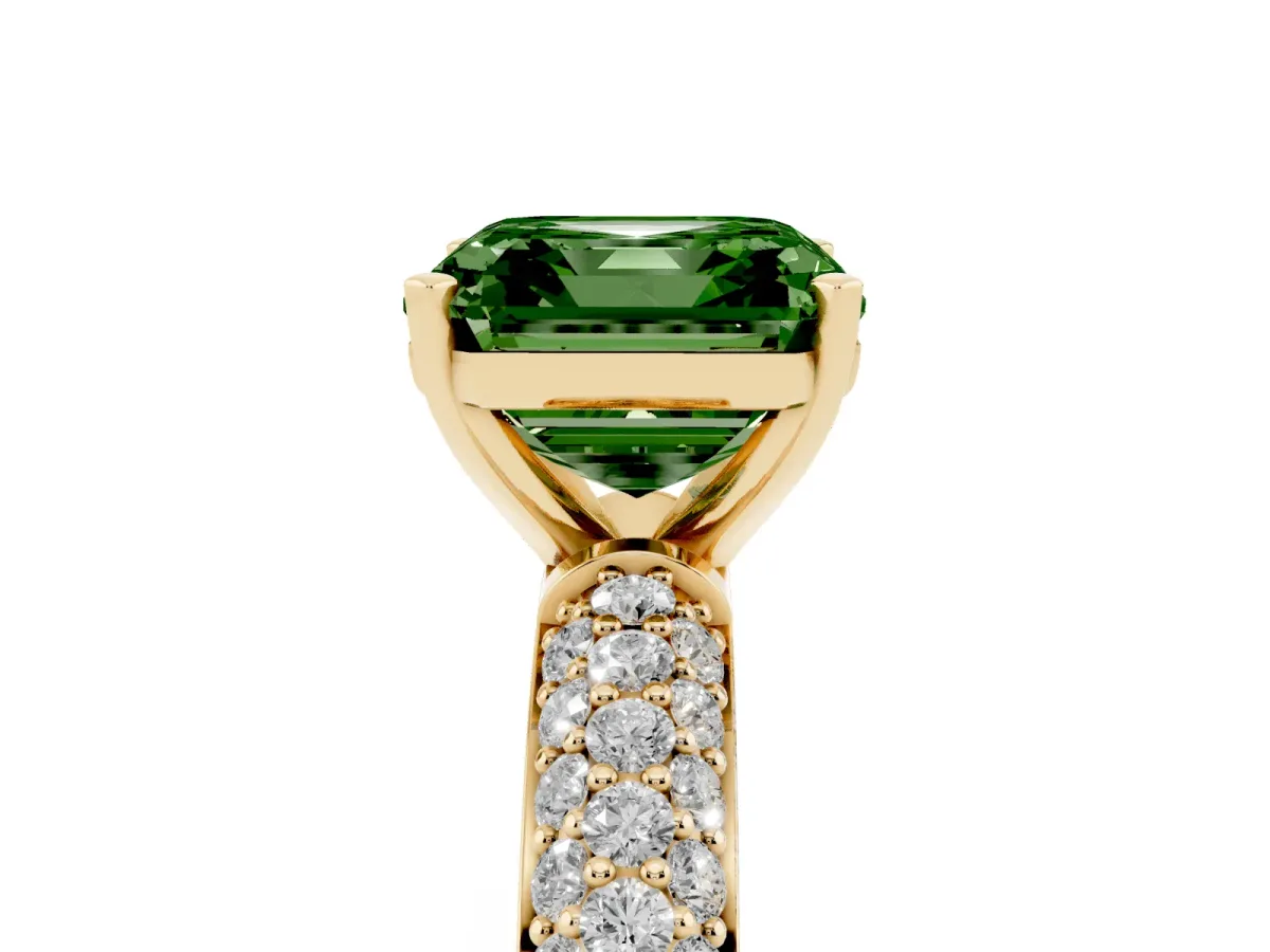 Fancy Green Asscher Cut Diamond Solitaire Ring with Prong Setting and Pavé Band Yellow gold