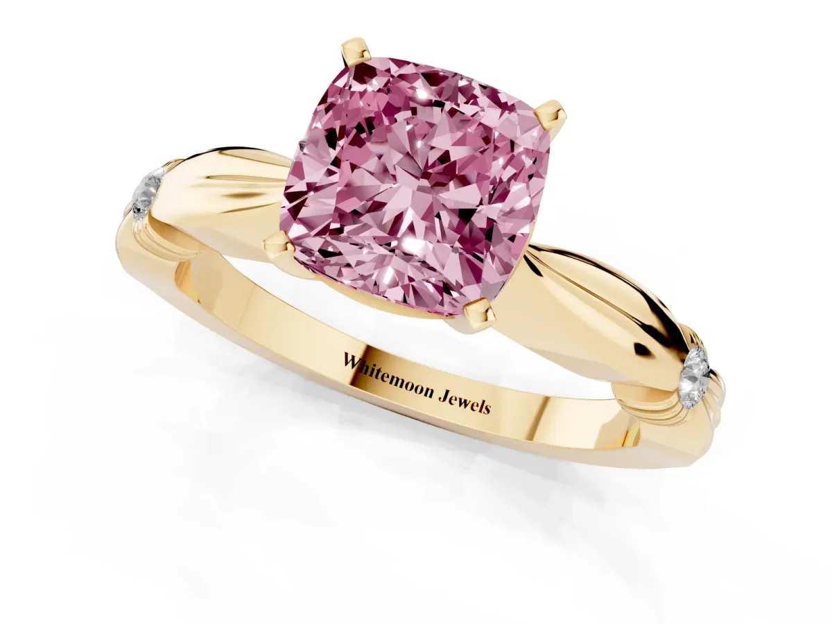 Fancy Pink Cushion Cut Solitaire Diamond Twisted Band with Four-Prong Setting Yellow gold