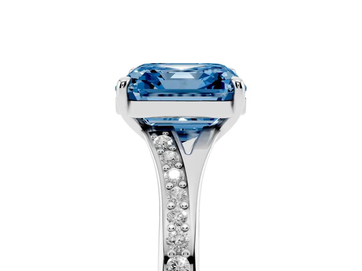 Fancy Blue Asscher Cut Diamond Solitaire Ring with Pavé Band and Prong Setting Silver