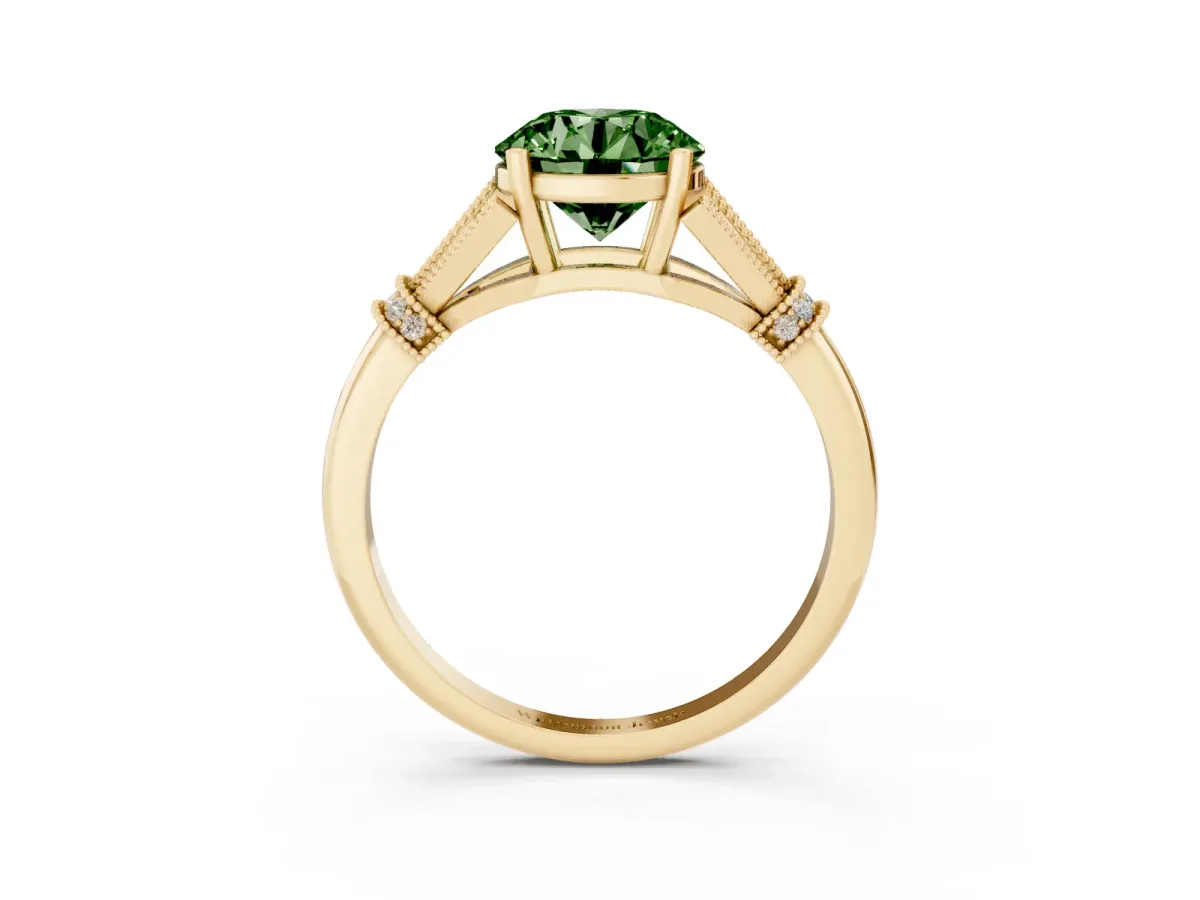 Fancy Green Round Cut Diamond Solitaire Ring with Floral Filigree and Pave Accents Yellow gold