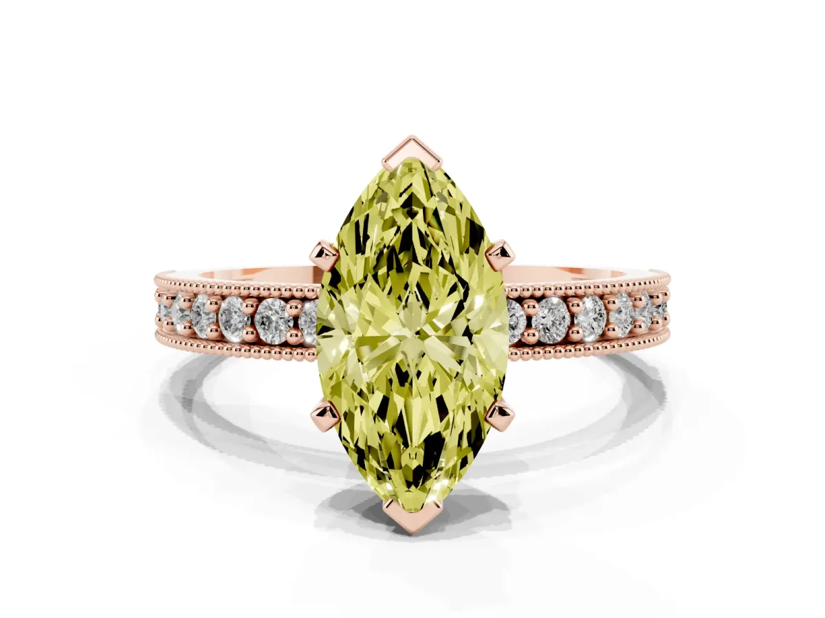 Fancy Yellow Marquise Cut Diamond Milgrain Pavé Engagement Ring with Four-Prong Setting Rose gold