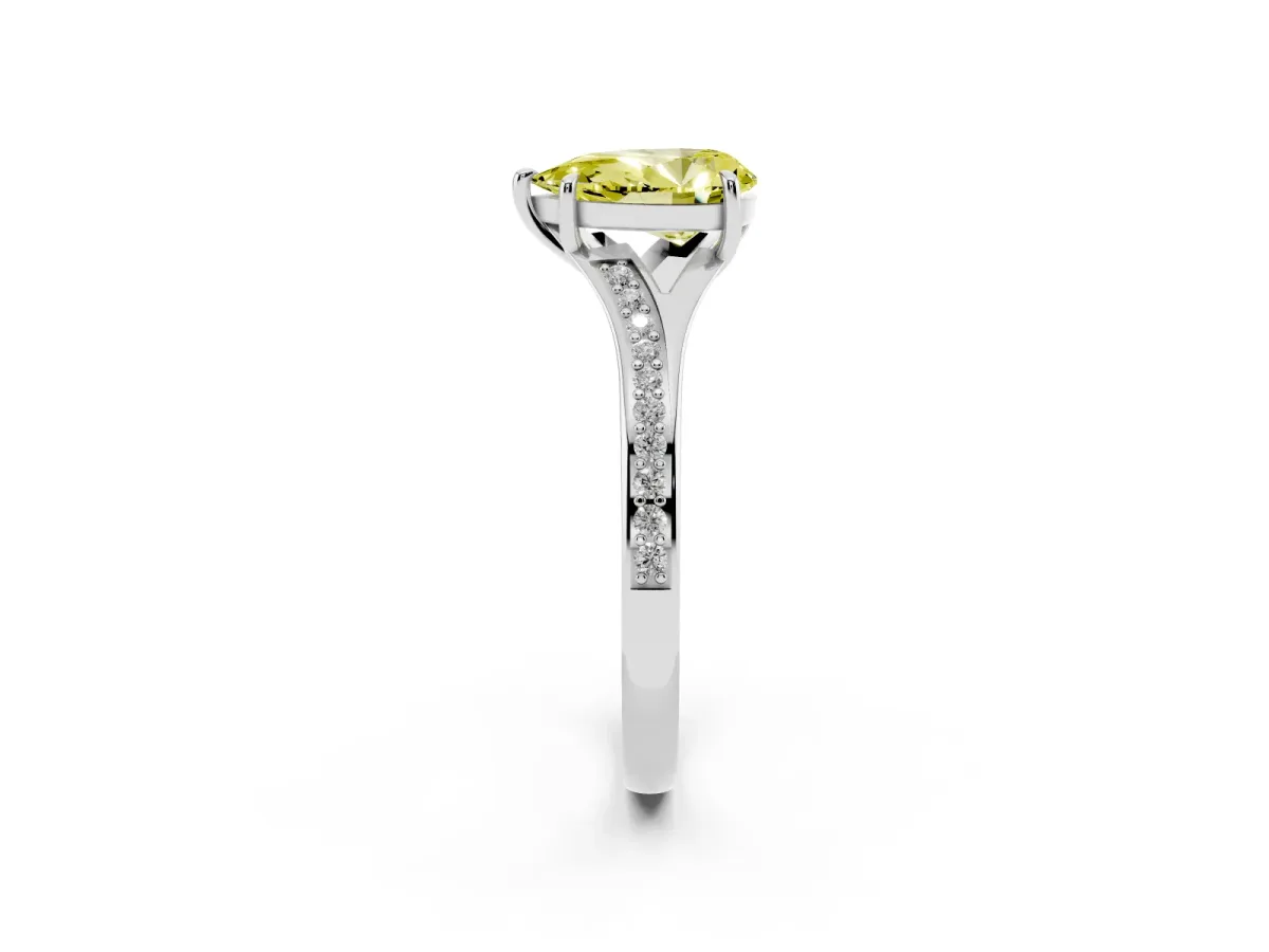 Fancy Yellow Pear Cut Diamond Solitaire Ring with Pavé Band and Prong Setting Silver