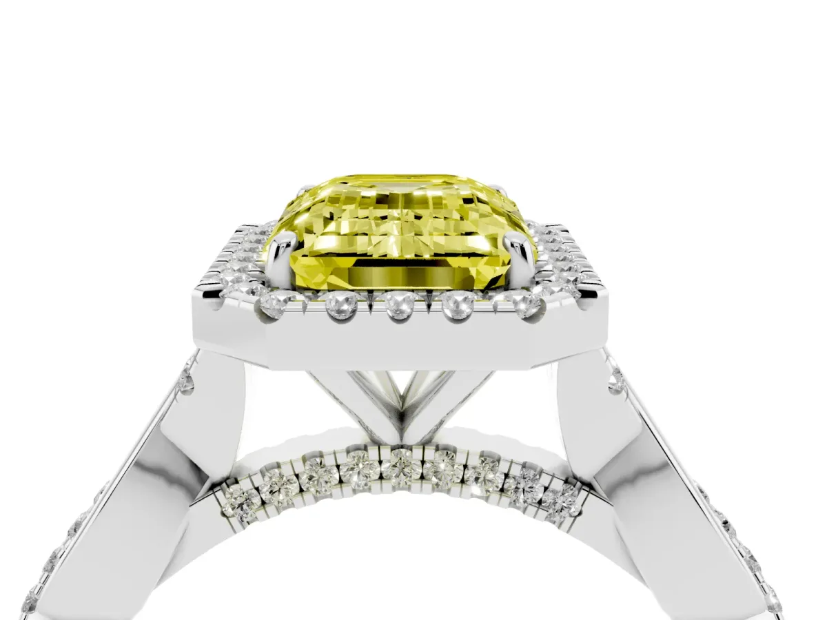 Fancy Yellow Emerald Cut Halo Twist Band Solitaire Ring Silver